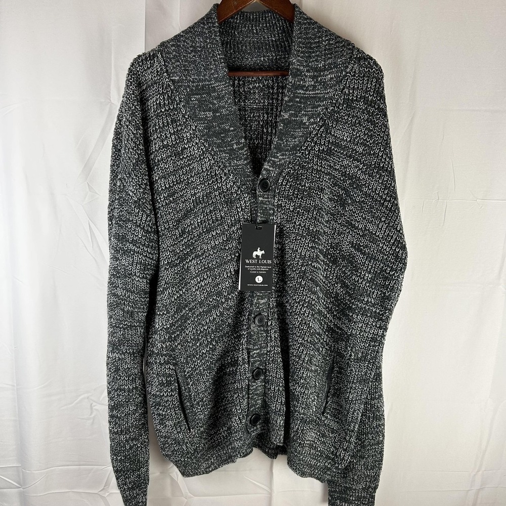 West Louis Sweater Mens L Gray Shawl Collar Button Front Knit Cardigan‎ Oversize
